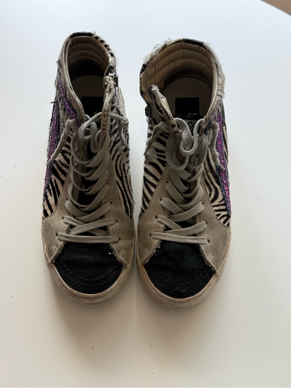 Golden Goose Zebra-Print High-Top Sneakers with Black and Purple Accents
